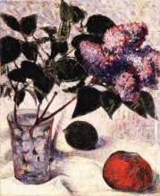 Копия картины "lilacs in a glass, apple and lemon" художника "де хан мейер"