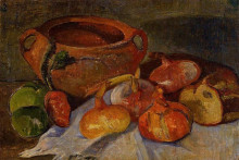 Картина "still life: pit, onions, bread and green apples" художника "де хан мейер"