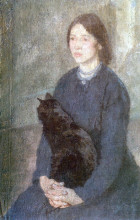 Картина "young woman holding a black cat" художника "джон гвен"