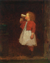 Репродукция картины "little girl with red jacket drinking from mug" художника "джонсон истмен"