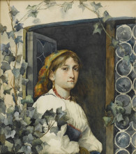 Репродукция картины "peasant girl in window" художника "джонсон истмен"