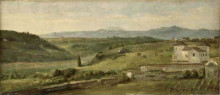 Картина "panoramic landscape with a farmhouse" художника "джордж фредерик уоттс"
