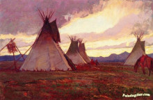 Копия картины "teepees at sunset" художника "диксон мейнард"