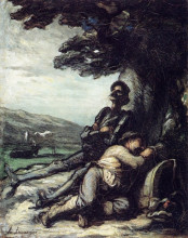 Репродукция картины "дон кихот и санчо панса отдыхают под деревом" художника "домье оноре"