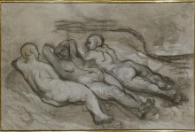 Репродукция картины "этюд трёх обнаженных, лежащих у подножия скалы" художника "домье оноре"