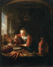 Репродукция картины "woman pouring water into a jar" художника "доу герард"