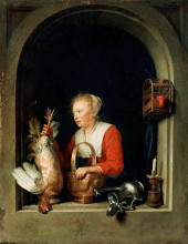 Репродукция картины "the dutch housewife or, the woman hanging a cockerel in the window" художника "доу герард"