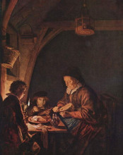 Репродукция картины "old woman cutting bread" художника "доу герард"