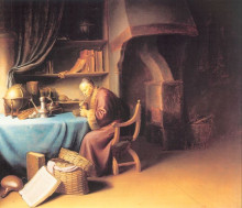 Репродукция картины "an old man lighting his pipe in a study" художника "доу герард"