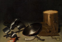 Репродукция картины "still life with armor, shield, halberd, sword, leather jacket and drum" художника "доу герард"