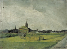 Репродукция картины "landscape with hay cart, church towers and windmill" художника "дусбург тео ван"