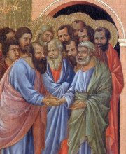 Репродукция картины "the arrival of the apostles to the virgin (fragment)" художника "дуччо"