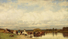 Репродукция картины "cows crossing a ford" художника "дюпре жюль"