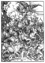 Картина "четыре всадника апокалипсиса, смерть, голод, мор и война" художника "дюрер альбрехт"