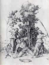 Репродукция картины "орфей, убиваемый вакханками и убегающий мальчик" художника "дюрер альбрехт"