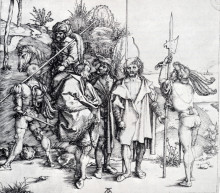 Репродукция картины "пять ландскнехтов и мавр на коне" художника "дюрер альбрехт"