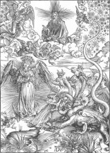 Репродукция картины "жена облаченная в солнце и семиголовый дракон" художника "дюрер альбрехт"