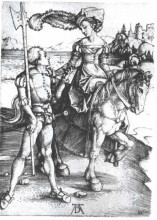 Репродукция картины "дворянка на лошади и ландскнехт" художника "дюрер альбрехт"