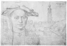 Картина "портрет двадцатичетырехлетнего мужчины и вид на церковь св. михаила в антверпене" художника "дюрер альбрехт"