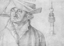 Репродукция картины "портрет лазаруса равенсбургера и башни лирского двора в антверпене" художника "дюрер альбрехт"