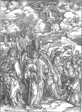 Репродукция картины "четыре ангела и поклонение избранному" художника "дюрер альбрехт"