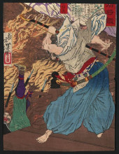 Копия картины "oda nobunaga fighting with another warrior whom he knocks off a building into a raging inferno" художника "ёситоси цукиока"