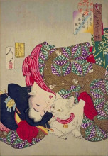 Репродукция картины "a young woman from kansei period playing with her cat" художника "ёситоси цукиока"