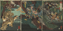 Картина "kato kiyomasa hunting tigers in korea during the imjim war" художника "ёситоси цукиока"