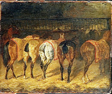 Репродукция картины "five horses seen from behind with croupes in a stable" художника "жерико теодор"