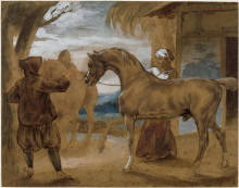 Картина "arabian&#160;stallion&#160;led&#160;by&#160;two&#160;arabians&#160;to breed" художника "жерико теодор"