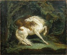 Картина "horse attacked by a lion" художника "жерико теодор"