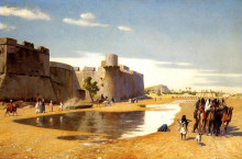 Копия картины "an arab caravan outside a fortified town, egypt" художника "жером жан-леон"