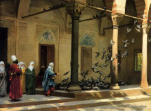 Репродукция картины "harem women feeding pigeons in a courtyard" художника "жером жан-леон"