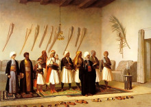 Репродукция картины "prayer in the house of an arnaut chief" художника "жером жан-леон"