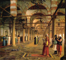 Репродукция картины "public prayer in the mosque of amr, cairo" художника "жером жан-леон"