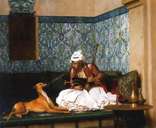 Репродукция картины "arnaut blowing smoke at the nose of his dog" художника "жером жан-леон"