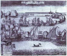 Копия картины "the bringing of 4 swedish frigates in st. petersburg after the victory in the battle of grengam september 8 1720" художника "зубов алексей"