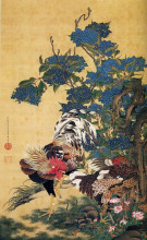 Копия картины "rooster and hen with hydrangeas" художника "ито дзякутю"