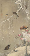 Репродукция картины "willow tree and mandarin ducks in the snow" художника "ито дзякутю"