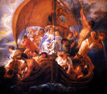 Репродукция картины "the holy family with characters and animals in a boat" художника "йорданс якоб"