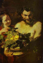 Копия картины "satyr and girl with a basket of fruit" художника "йорданс якоб"