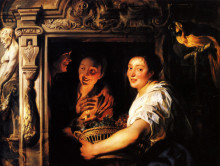 Репродукция картины "servant with a fruit basket and a pair of lovers" художника "йорданс якоб"