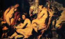 Репродукция картины "the daughters of cecrops finding the child erichthonius" художника "йорданс якоб"