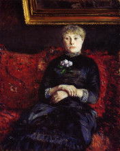Картина "woman sitting on a red flowered sofa" художника "кайботт гюстав"