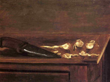 Копия картины "garlic cloves and knife on the corner of a table" художника "кайботт гюстав"