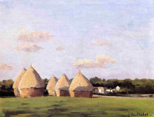 Репродукция картины "harvest, landscape with five haystacks" художника "кайботт гюстав"