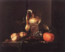 Картина "still-life with silver bowl, glasses, and fruit" художника "кальф виллем"