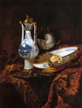 Репродукция картины "still-life with an aquamanile, fruit, and a nautilus cup" художника "кальф виллем"