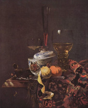 Картина "still life with glassware and porcelain covered bowl" художника "кальф виллем"
