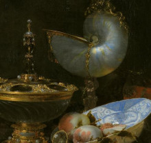 Картина "still life with holbein bowl, nautilus cup, glass goblet and fruit dish (detail)" художника "кальф виллем"